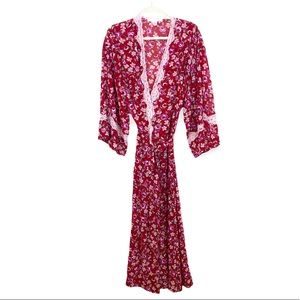 VICTORIA'S SECRET Red Pink Semi Sheer Floral Long Robe size Medium
